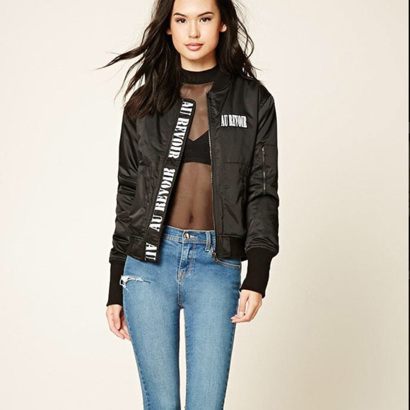 Forever 21 Jackets & Blazers - Forever 21  Black Au Revoir Graphic Bomber Jacket